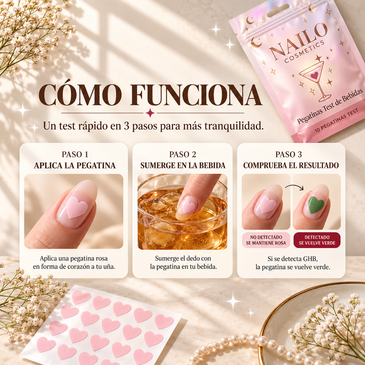 Nailo™ SafeSip — Pegatinas Detectoras para Bebidas